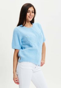 Light blue short-sleeve cardigan made of soft, textured fabric, featuring a round neckline and five matching buttons in front.