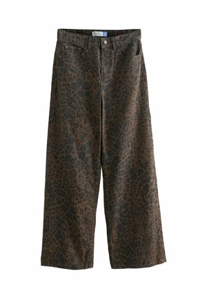 Jeans mit weitem Bein mit braunem und schwarzem Leopardenmuster, vorderer Knopf- und Reißverschluss sowie vorderen Taschen.