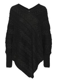 Poncho en maille noire avec motifs chevron, manches longues et ourlet asymétrique.