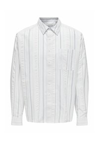 Witte overhemden met verticale blauwe strepen, een puntige kraag, lange mouwen en een borstzak. Gemaakt van een gestructureerde stof.