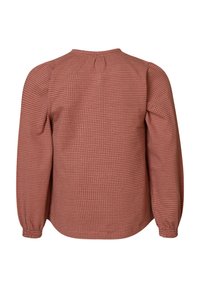 Langärmlige Bluse in Rostfarbe mit kariertem Muster, mit rundem Ausschnitt und gerafften Details am Rücken.