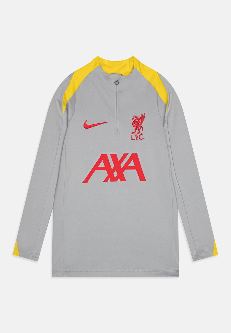 Sudadera deportiva gris de manga larga con cuello de media cremallera, acentos amarillos en los hombros, un logo rojo del Liverpool FC y texto rojo "AXA".