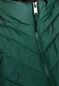 Giacca trapuntata verde scuro con colletto alto e zip frontale. Il tessuto sembra liscio con motivi a chevron sull'esterno.