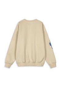 Beige sweatshirt met lange mouwen, ronde hals en geribbelde zoom. Voorzien van een blauw cactusontwerp op de linkermouw. Zachte, gladde textuur.