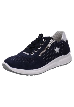 Navy suede sneaker with perforated design, white star accent, silver zipper, and lace-up closure. Rubber outsole. Textured mesh lining.