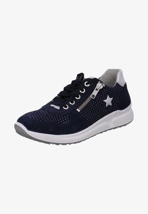 Navy suede sneaker with perforated design, white star accent, silver zipper, and lace-up closure. Rubber outsole. Textured mesh lining.