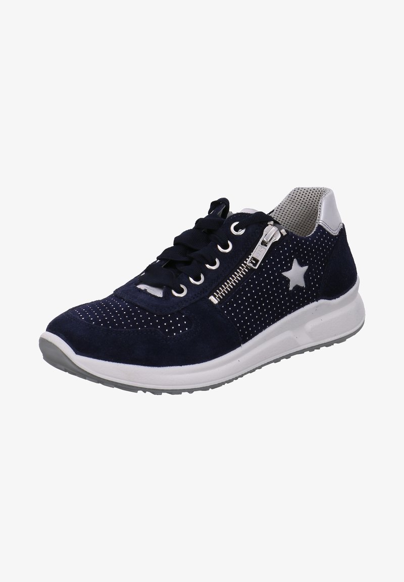 Navy Suede Sneaker mit perforiertem Design, weißem Sternakzent, silbernem Reißverschluss und Schnürverschluss. Gummisohle. Texturiertes Mesh-Futter.