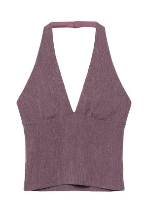 Ärmelloses lila Strick-Haltertop mit tiefem V-Ausschnitt und strukturiertem Stoff, entworfen für eine enge Passform rund um Brust und Taille.