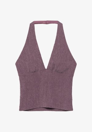 Ärmelloses lila Strick-Haltertop mit tiefem V-Ausschnitt und strukturiertem Stoff, entworfen für eine enge Passform rund um Brust und Taille.