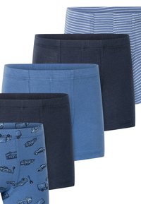 Vier paar jongens boxershorts in verschillende tinten blauw, waaronder effen, gestreept en een ontwerp met voertuigen. Katoenen materiaal.