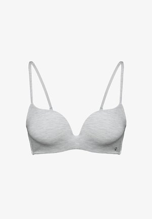Szary bezszwowy stanik z cienkimi ramiączkami, delikatnie wyprofilowanymi miseczkami i gładką fakturą. Posiada subtelny detal z logo z boku.