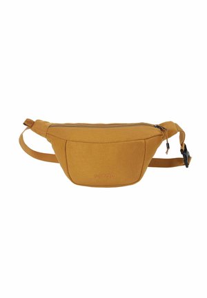 Braune Stoff-Gürteltasche mit einem Reißverschluss-Hauptfach, verstellbarem Riemen und kleinem, geprägtem Logo auf der Vorderseite in der Mitte.