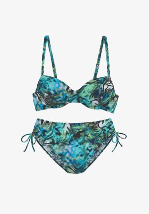 Multicolored bikini with a floral and abstract pattern. The top features underwire and adjustable straps; the bottom has side ties.