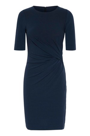 Navy blue dress made from soft fabric, featuring short sleeves, a round neckline, and a twisted design detail at the waist.