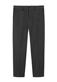 Pantaloni grigi su misura realizzati in un tessuto strutturato. Presentano un bottone frontale, due tasche laterali e una design plissettato per un tocco di stile in più.
