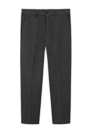 Gray tailored trousers made from a textured fabric. Features a front button, two side pockets, and pleated design for added style.