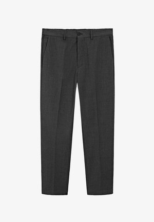 Pantaloni grigi su misura realizzati in un tessuto strutturato. Presentano un bottone frontale, due tasche laterali e una design plissettato per un tocco di stile in più.