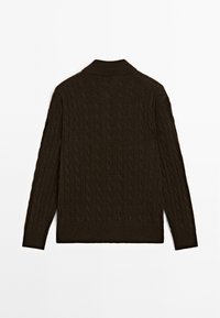 Brown knitted sweater with a cable pattern, featuring a collar and long sleeves. The texture appears soft and thick.