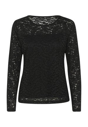 Black long-sleeve lace top with a rounded neckline, featuring a floral pattern and textured fabric throughout.
