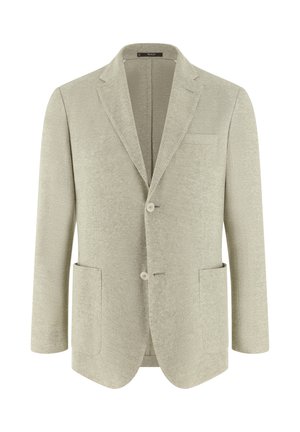 Vaaleabeige miesten bleiseri, jossa on lovikaulukset, kaksi etutaskua ja kaksi nappia, valkoisella taustalla.