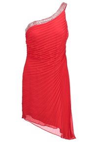 Czerwona sukienka na jedno ramię z plisowanym wzorem, ozdobiona koralikowym dekoltem, charakteryzuje się dopasowaną górą i zwiewną spódnicą.