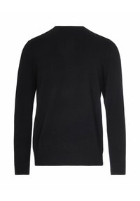 Maglione nero a maniche lunghe con collo a giro e polsini e orlo a coste, mostrato da dietro su uno sfondo bianco.