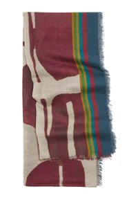 Wielokolorowy szalik z miękkiego materiału, ozdobiony abstrakcyjnymi wzorami w odcieniach czerwieni i beżu, z niebieskim brzegiem, który ma zielone, żółte i czerwone paski. Postrzępione końce.