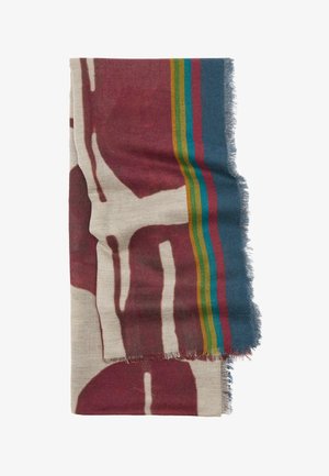 Wielokolorowy szalik z miękkiego materiału, ozdobiony abstrakcyjnymi wzorami w odcieniach czerwieni i beżu, z niebieskim brzegiem, który ma zielone, żółte i czerwone paski. Postrzępione końce.