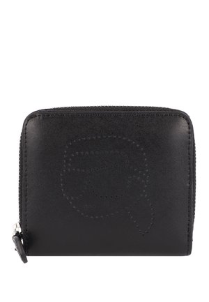 Portefeuille en cuir noir avec fermeture à glissière, présentant un subtil design perforé à l'avant. Texture lisse et forme rectangulaire.