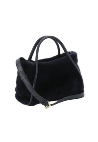 Navy blue faux fur handbag with dual carrying handles and a detachable leather shoulder strap, featuring a structured yet soft design.