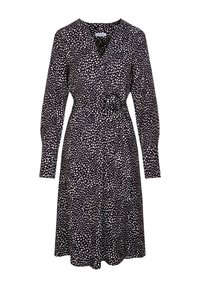 Robe portefeuille en bleu marine foncé avec un motif à pois blancs, manches longues, décolleté en V et taille ceinturée, présentant une jupe évasée.