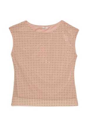 Top senza maniche di un rosa chiaro, con un tessuto testurizzato e piccoli perni metallici distanziati uniformemente, scollatura rotonda e silhouette aderente.