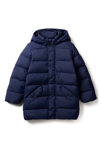 Giacca a vento blu navy con cappuccio, caratterizzata da un design trapuntato, due tasche frontali e una chiusura con zip frontale. Tessuto morbido e liscio.