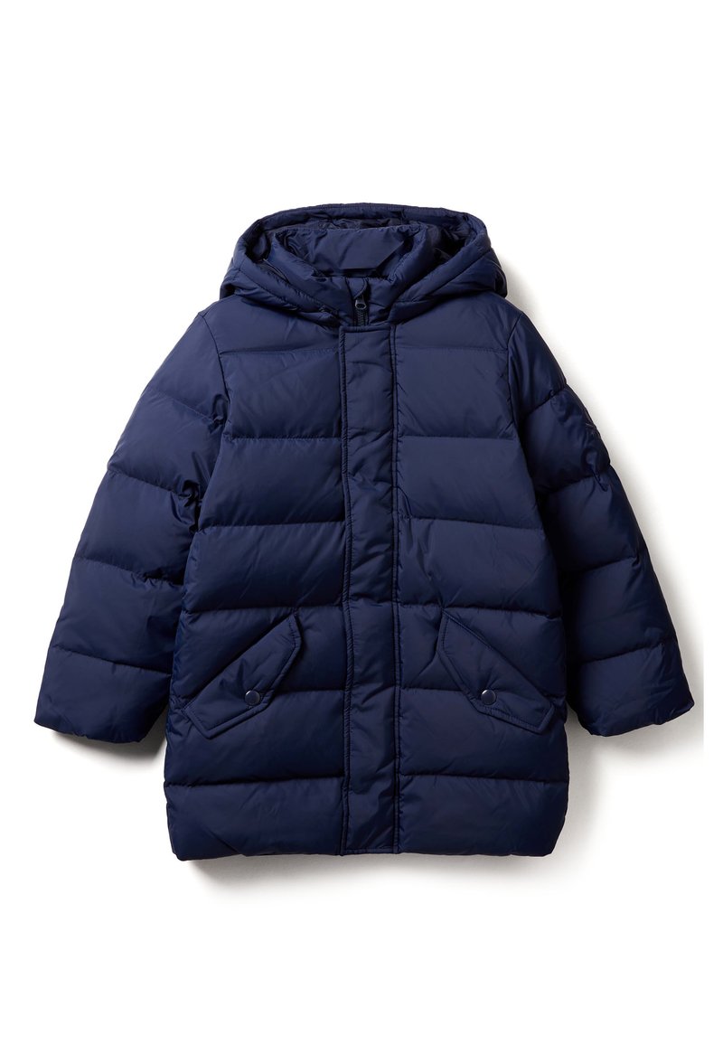 Giacca a vento blu navy con cappuccio, caratterizzata da un design trapuntato, due tasche frontali e una chiusura con zip frontale. Tessuto morbido e liscio.