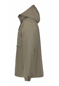 Giacca impermeabile beige chiaro con cappuccio, polsini elasticizzati, una tasca sul petto e una texture liscia e opaca. Vista laterale.