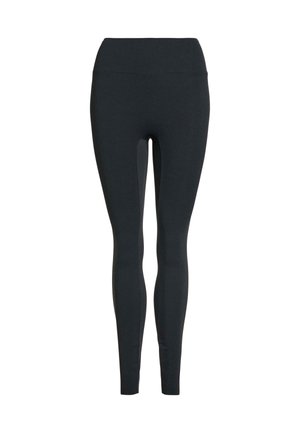 Leggings neri realizzati in un tessuto elastico e liscio. Presentano una vita alta e un design aderente senza motivi o decorazioni.