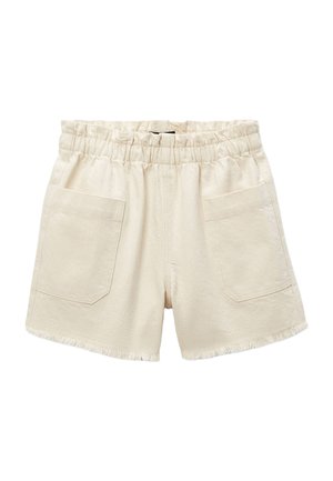 Shorts en coton de couleur crème avec taille élastique, deux poches avant et ourlets bruts effilochés.
