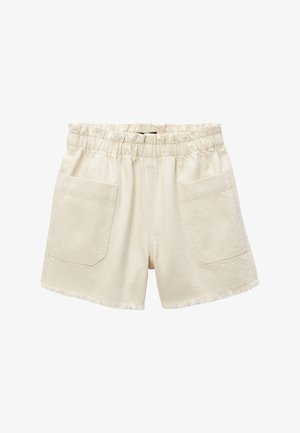 Shorts en coton de couleur crème avec taille élastique, deux poches avant et ourlets bruts effilochés.