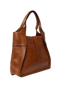 Bolso tote de cuero marrón con un diseño estructurado, que cuenta con dos asas y costuras visibles. La superficie tiene una textura y un acabado natural.