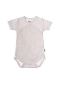 Kurzarm-Baby-Body in Hellgrau mit dezenten Streifen, Wickeldesign und Druckknöpfen am Boden für ein einfaches Ankleiden.
