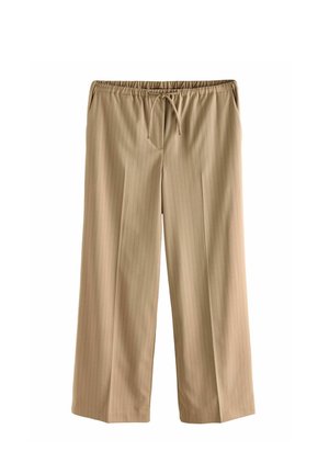 Beige weite Hose mit Kordelzug, aus weichem Stoff, mit dezenten vertikalen Streifen und seitlichen Taschen.