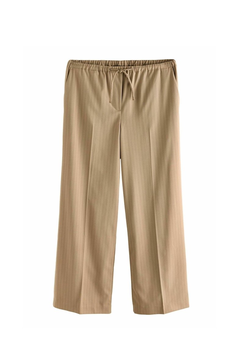 Pantaloni beige a gamba larga con vita regolabile, realizzati in un tessuto morbido, con sottili righe verticali e tasche laterali.