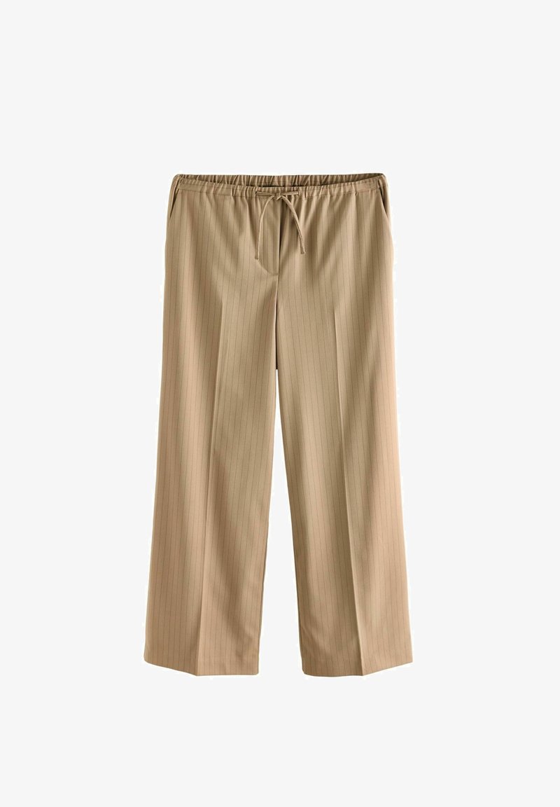 Pantalons larges beige avec une taille à cordon de serrage, fabriqués en tissu doux, avec de fines rayures verticales et des poches latérales.