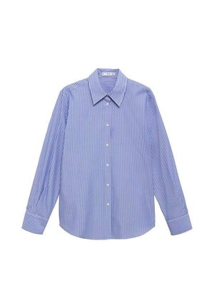Blauw-wit gestreept overhemd met lange mouwen, klassiek kraag, knoopsluiting en omgeslagen mouwen; gemaakt van lichtgewicht stof.