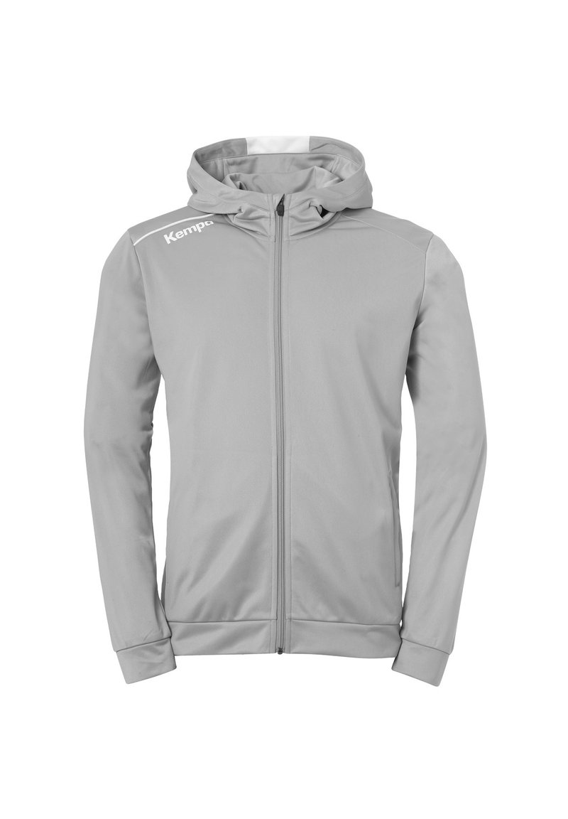 Grijze sportieve zip-up jas met een capuchon, met een gladde textuur, lange mouwen en het "Kemp" logo in het wit op de bovenlinkerkant.