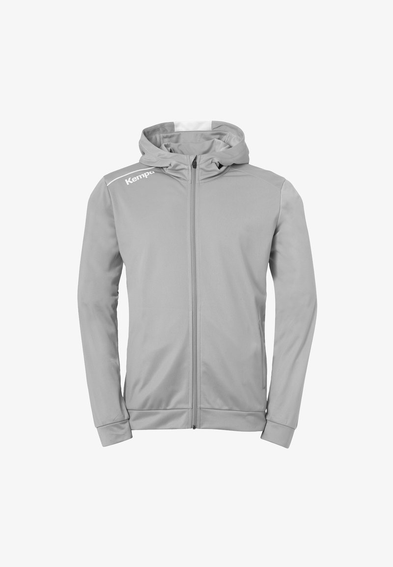 Grijze sportieve zip-up jas met een capuchon, met een gladde textuur, lange mouwen en het "Kemp" logo in het wit op de bovenlinkerkant.