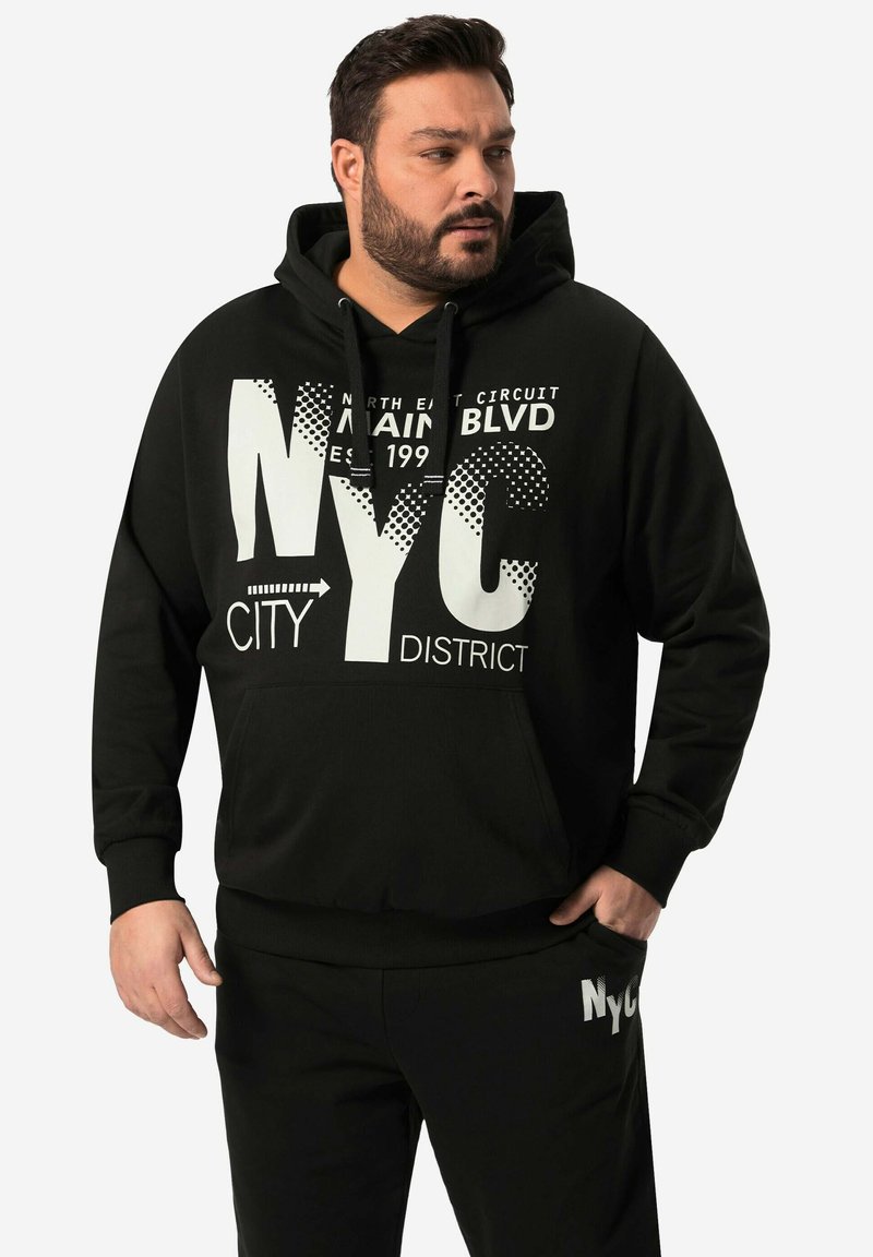 Felpa nera con cappuccio e grande scritta bianca "NYC" con grafiche, dotata di tasca a marsupio e pantaloni della tuta neri abbinati.