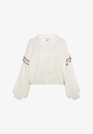 Jasno kremowy krótki kardigan wykonany z dzianiny, z dekoltem w serek, pięcioma guzikami i kolorowymi pomponami na rękawach.