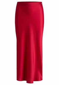 Red, floor-length skirt made of smooth fabric. Features a fitted waistband and a slight flare towards the hem. No visible patterns or embellishments.