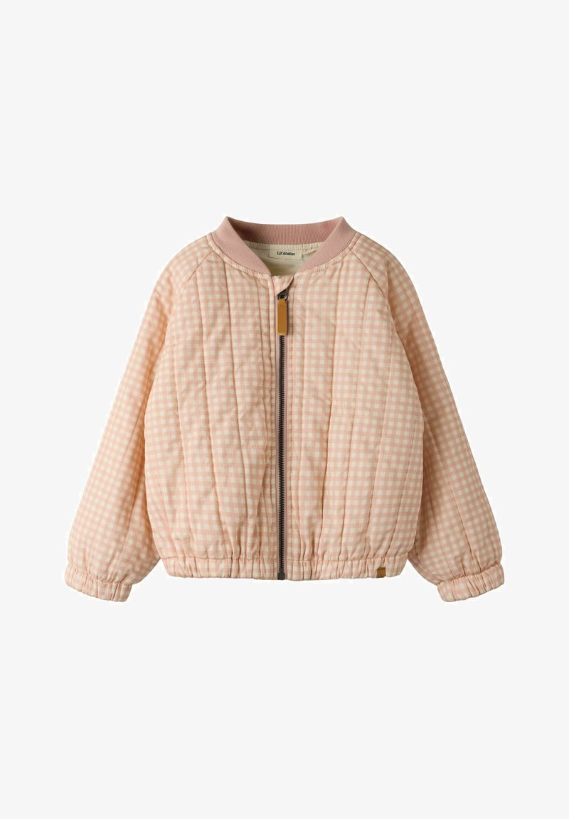 Veste matelassée rose clair avec petit motif à carreaux, poignets et ourlet élastiques, fermeture éclair à l'avant avec tirette en cuir.